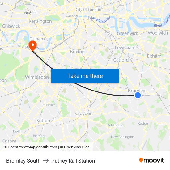 Bromley South to Putney Rail Station map
