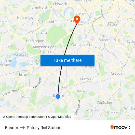 Epsom to Putney Rail Station map