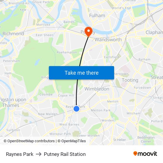 Raynes Park to Putney Rail Station map
