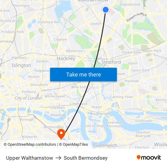 Upper Walthamstow to South Bermondsey map