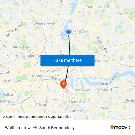 Walthamstow to South Bermondsey map