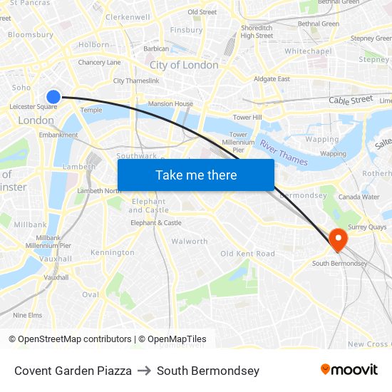 Covent Garden Piazza to South Bermondsey map