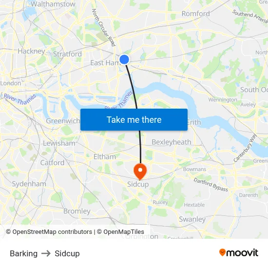 Barking to Sidcup map