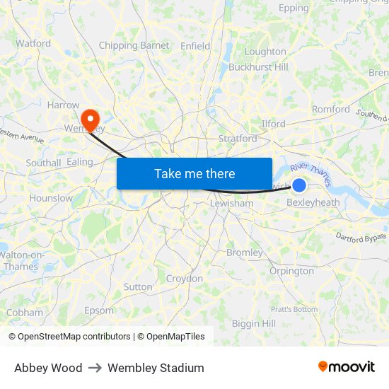 Abbey Wood to Wembley Stadium map