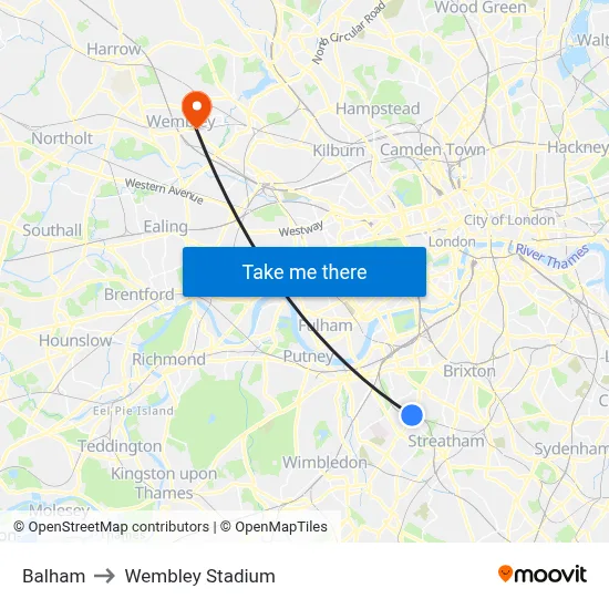 Balham to Wembley Stadium map