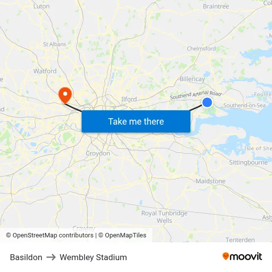 Basildon to Wembley Stadium map