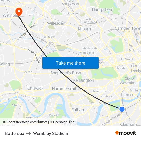 Battersea to Wembley Stadium map
