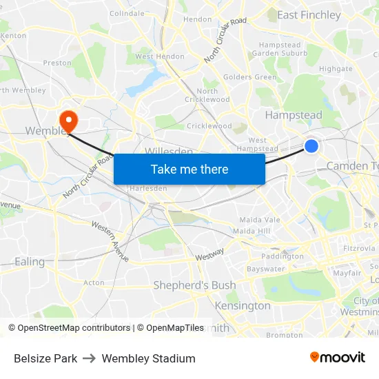 Belsize Park to Wembley Stadium map