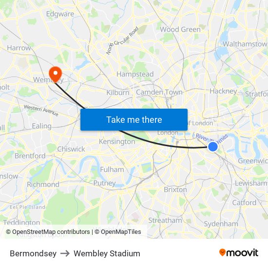 Bermondsey to Wembley Stadium map