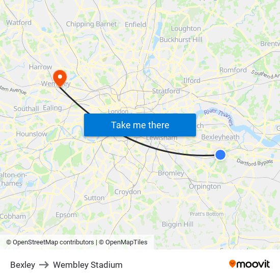 Bexley to Wembley Stadium map