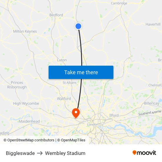 Biggleswade to Wembley Stadium map