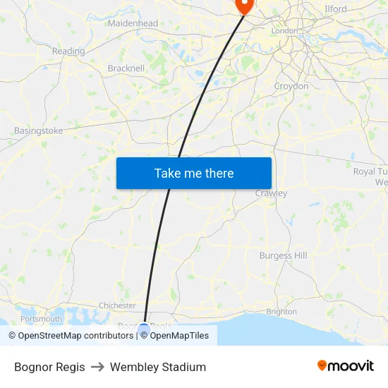 Bognor Regis to Wembley Stadium map