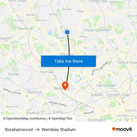 Borehamwood to Wembley Stadium map