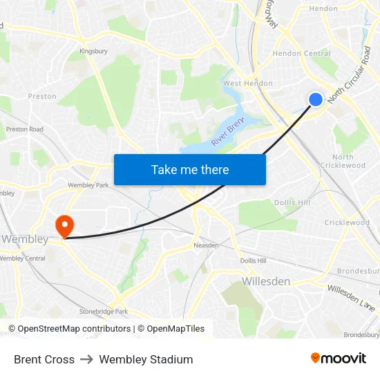 Brent Cross to Wembley Stadium map