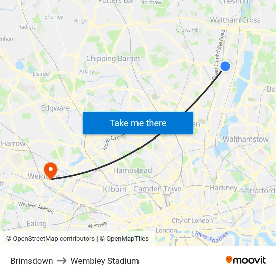 Brimsdown to Wembley Stadium map