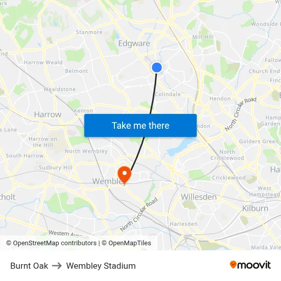 Burnt Oak to Wembley Stadium map