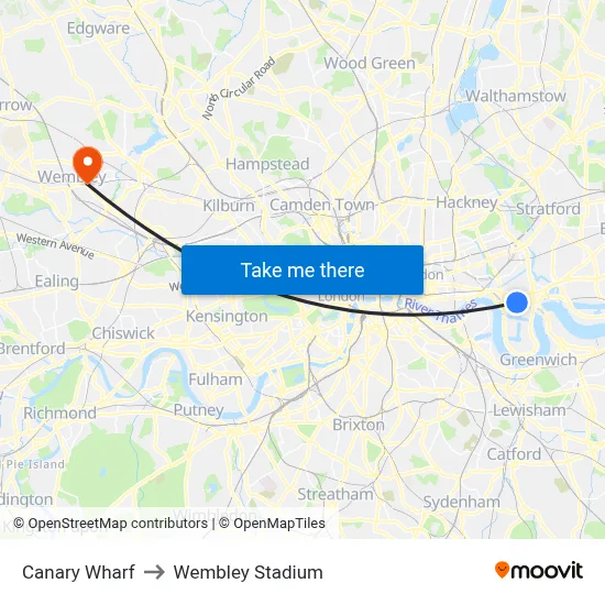 Canary Wharf to Wembley Stadium map