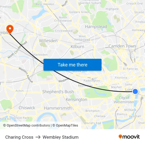 Charing Cross to Wembley Stadium map