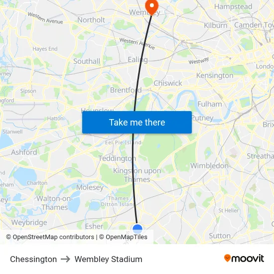 Chessington to Wembley Stadium map