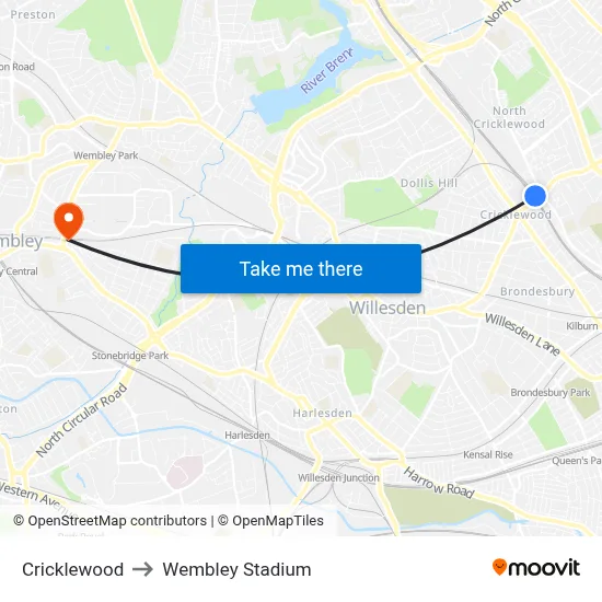 Cricklewood to Wembley Stadium map