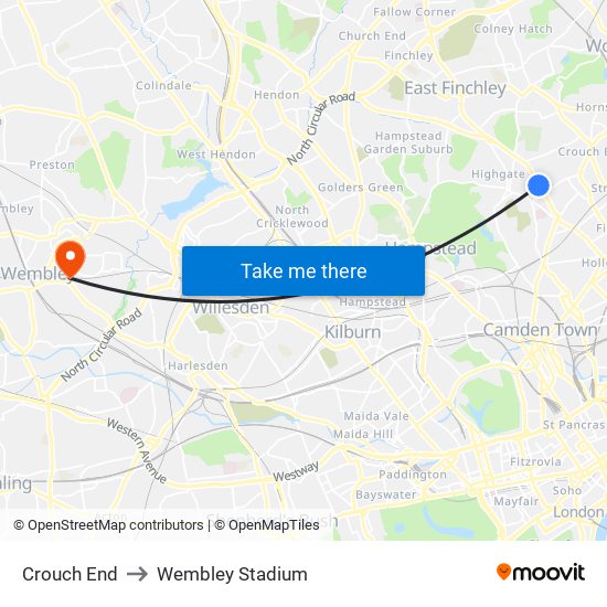 Crouch End to Wembley Stadium map