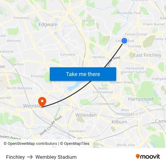 Finchley to Wembley Stadium map