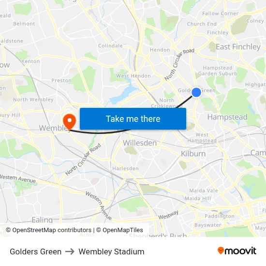 Golders Green to Wembley Stadium map