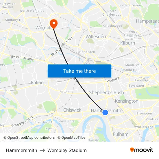 Hammersmith to Wembley Stadium map