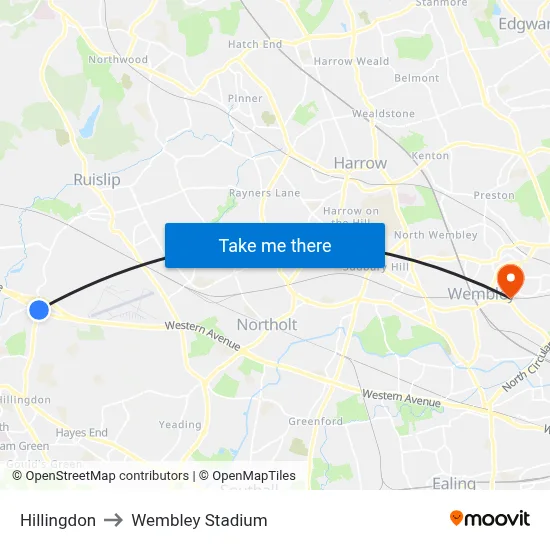 Hillingdon to Wembley Stadium map