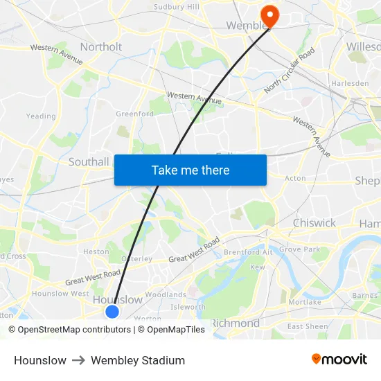 Hounslow to Wembley Stadium map