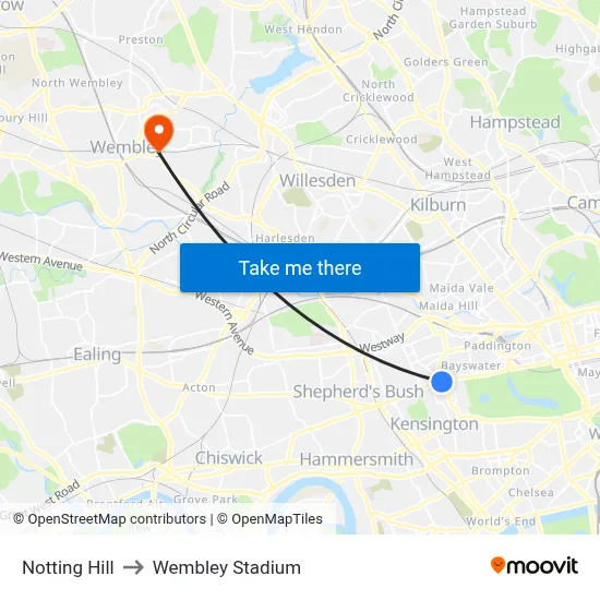 Notting Hill to Wembley Stadium map