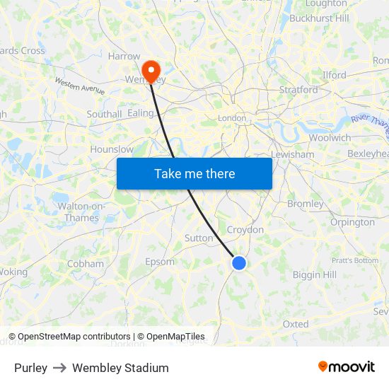 Purley to Wembley Stadium map