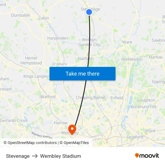 Stevenage to Wembley Stadium map