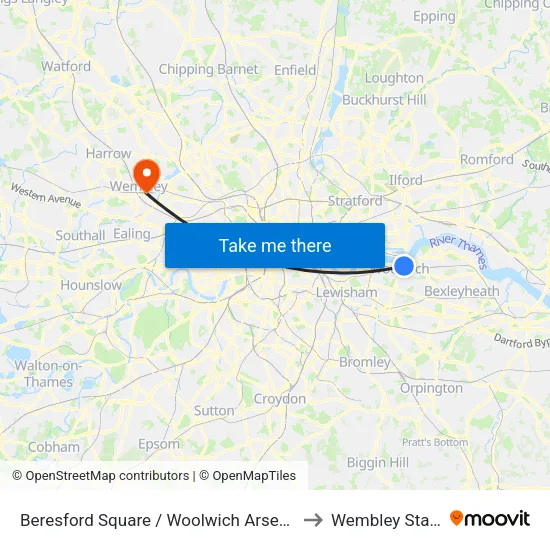 Beresford Square / Woolwich Arsenal Station to Wembley Stadium map