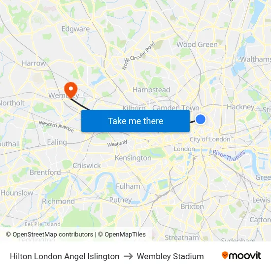 Hilton London Angel Islington to Wembley Stadium map