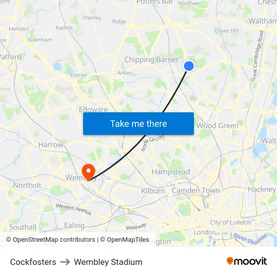 Cockfosters to Wembley Stadium map