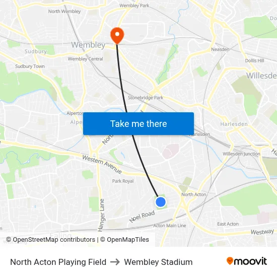 North Acton Playing Field to Wembley Stadium map