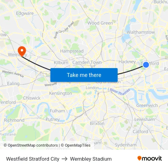 Westfield Stratford City to Wembley Stadium map