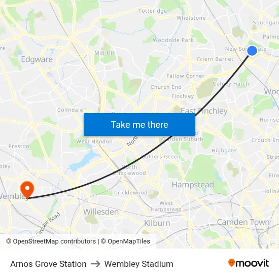 Arnos Grove Station to Wembley Stadium map
