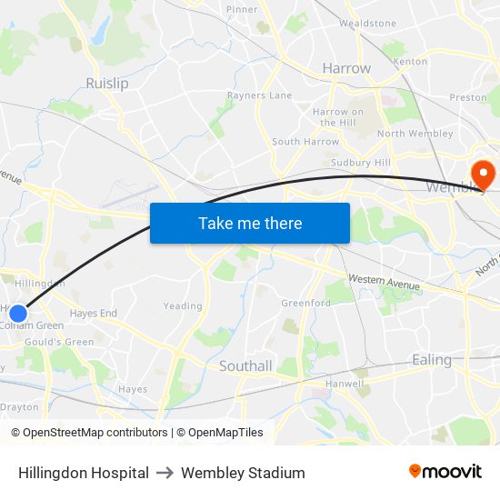 Hillingdon Hospital to Wembley Stadium map