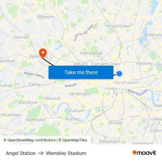 Angel Station to Wembley Stadium map