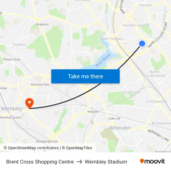 Brent Cross Shopping Centre to Wembley Stadium map