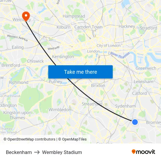 Beckenham to Wembley Stadium map