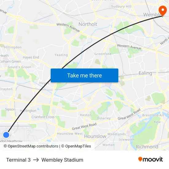 Terminal 3 to Wembley Stadium map