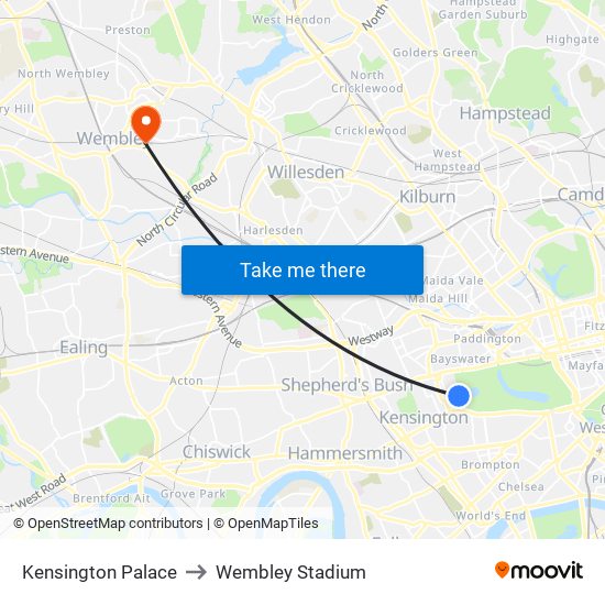 Kensington Palace to Wembley Stadium map