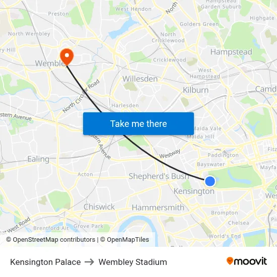 Kensington Palace to Wembley Stadium map