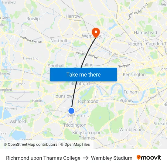Richmond upon Thames College to Wembley Stadium map