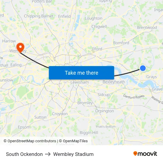South Ockendon to Wembley Stadium map