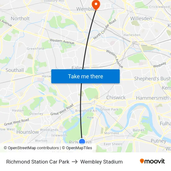 Richmond Station Car Park to Wembley Stadium map