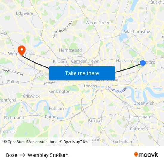 Bose to Wembley Stadium map